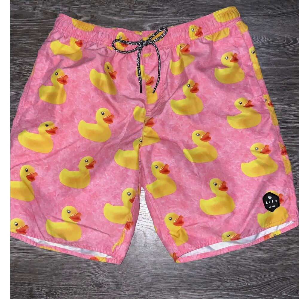 NEFF Pink Rubber Duck Swim Trunks Shorts Men’s Lined Drawstring Size L (369)
